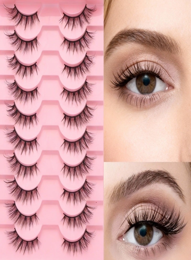 رموش نصفية طبيعية متفرقة بتجعيد ثلاثي الأبعاد - ١٠ أزواج قصيرة ١٢-٨ ملم من فرو المنك الاصطناعية للاستخدام اليومي، قابلة لإعادة الاستخدام ومناسبة للمبتدئات - Image 1